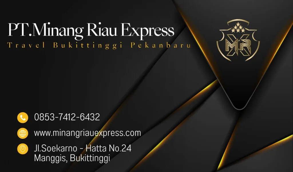 Logo PT. Minang Riau Express dengan informasi kontak dan alamat untuk layanan travel Bukittinggi Pekanbaru.